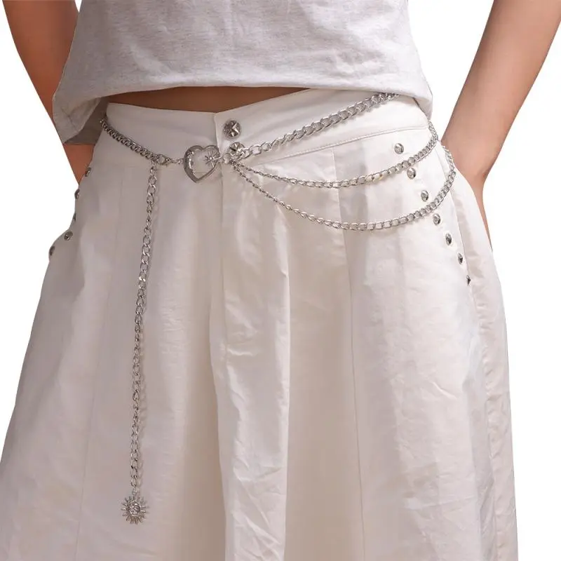 Multilayer Punk Gothic Heart Sun Moon Waist Chain Metal Belts For Women Dress Jewelry Accessories