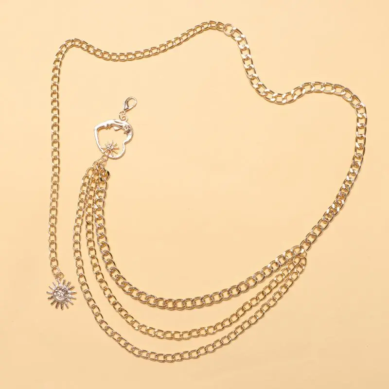 Multilayer Punk Gothic Heart Sun Moon Waist Chain Metal Belts For Women Dress Jewelry Accessories