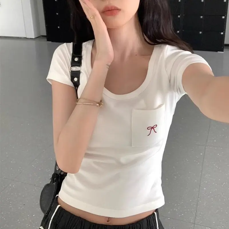 Fashion Casual Slim Fit Bow Pocket U-Neck Knitted Short-Sleeved T-Shirt For Women