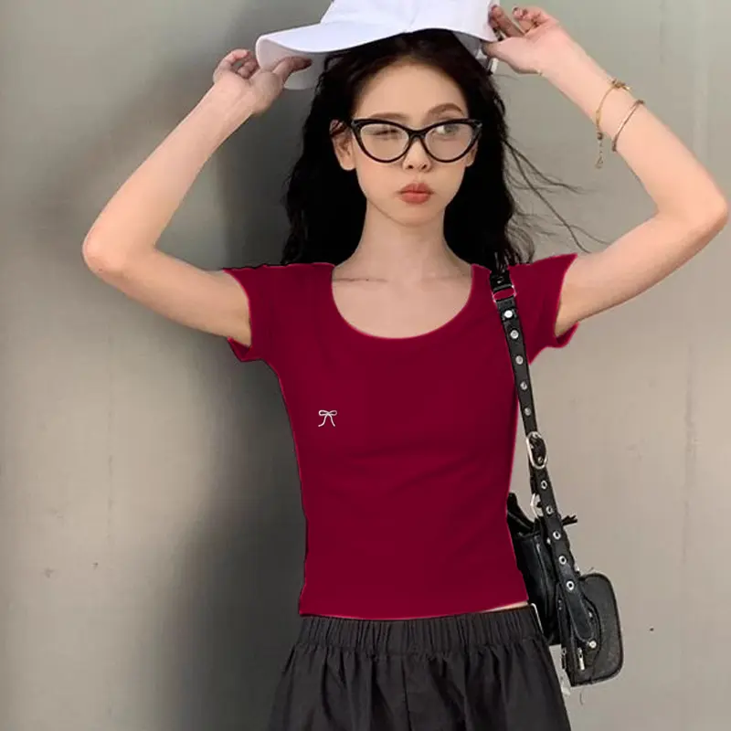 Fashion Casual Slim Fit Bow Pocket U-Neck Knitted Short-Sleeved T-Shirt For Women