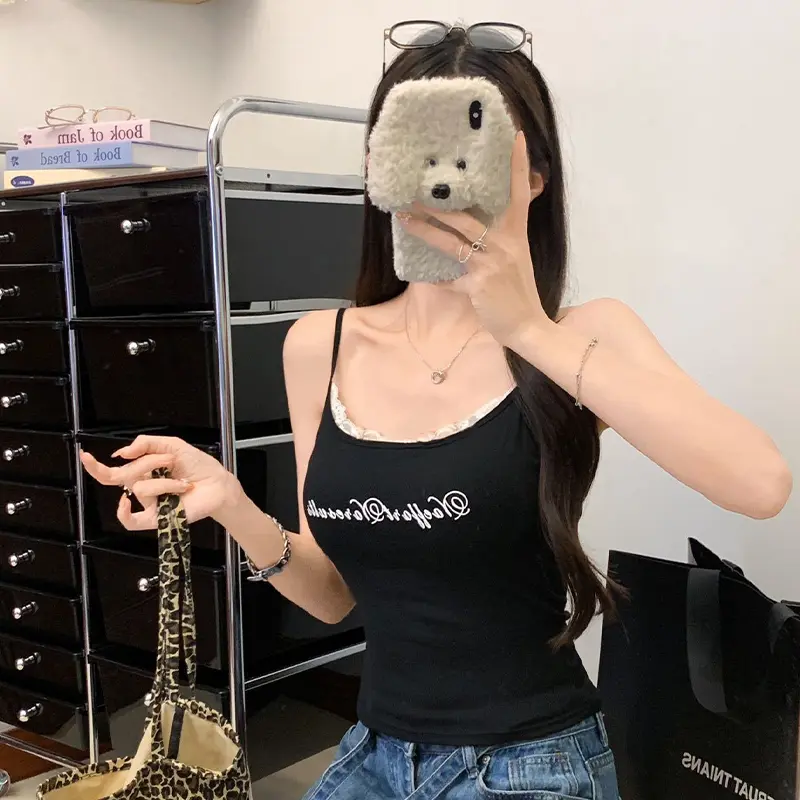 Summer Women's Sexy Letter Print Lace Patchwork Sleeveless Slim Camisole With Chest Pad