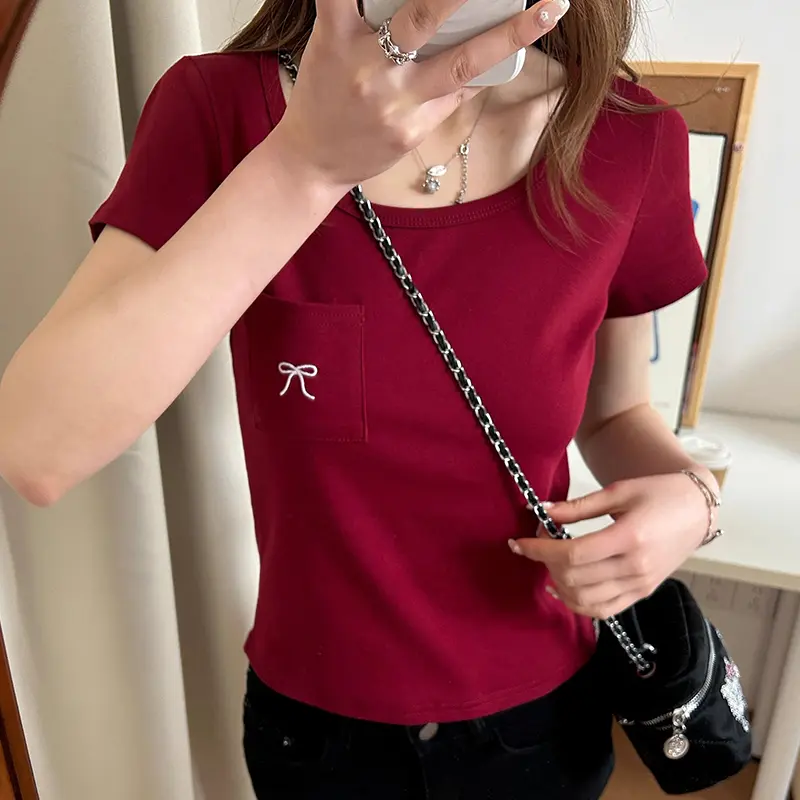 Fashion Casual Slim Fit Bow Pocket U-Neck Knitted Short-Sleeved T-Shirt For Women