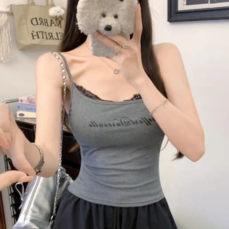 Summer Women's Sexy Letter Print Lace Patchwork Sleeveless Slim Camisole With Chest Pad