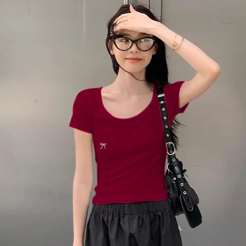 Fashion Casual Slim Fit Bow Pocket U-Neck Knitted Short-Sleeved T-Shirt For Women
