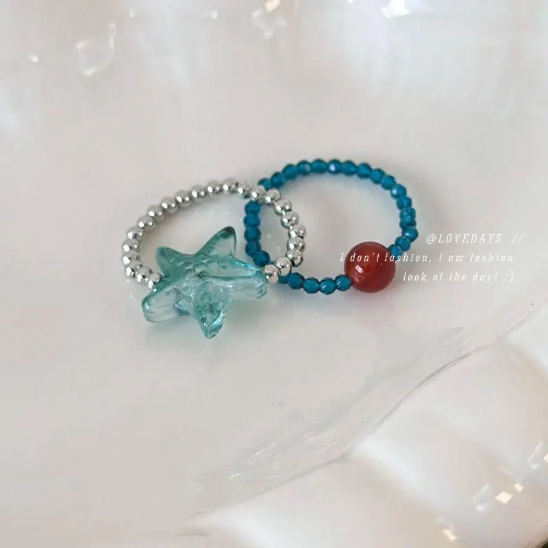 New Sweet Blue Dream Jelly Shell Resin Star Rings Metal For Women Girls Starfish Beaded Finger Rings Ocean Jewelry Accessories