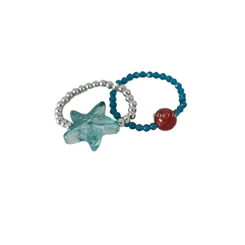 New Sweet Blue Dream Jelly Shell Resin Star Rings Metal For Women Girls Starfish Beaded Finger Rings Ocean Jewelry Accessories