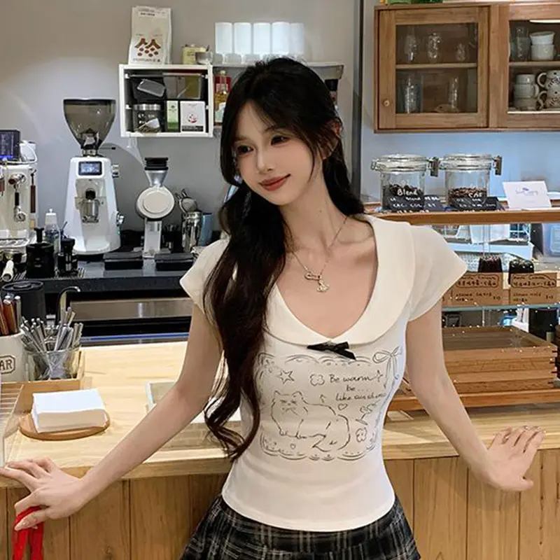 Funny Cartoon Print Peter Pan Collar Short-Sleeved T-Shirt Women Summer Sweet Holiday Tops