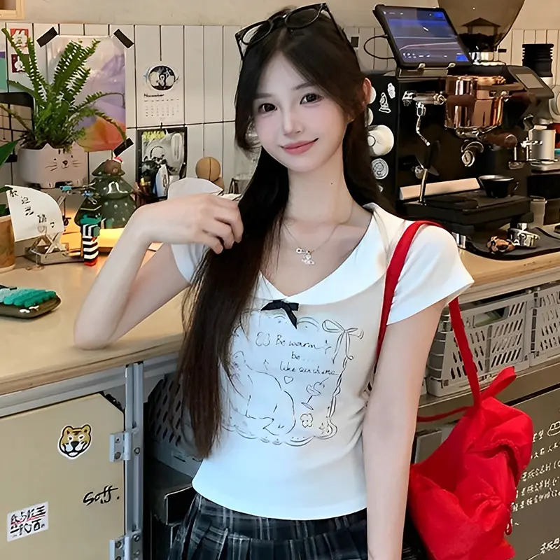 Funny Cartoon Print Peter Pan Collar Short-Sleeved T-Shirt Women Summer Sweet Holiday Tops