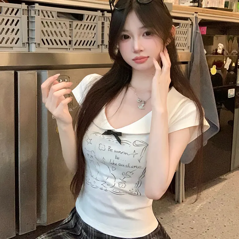 Funny Cartoon Print Peter Pan Collar Short-Sleeved T-Shirt Women Summer Sweet Holiday Tops