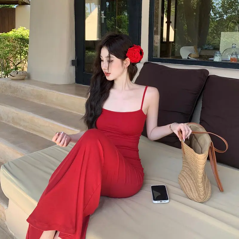 Red Suspender Skirt Hot Girl Skirt Female Summer New Long Skirt Slim Hip Skirt Royal Sister Style Skirt Fishtail Skirt