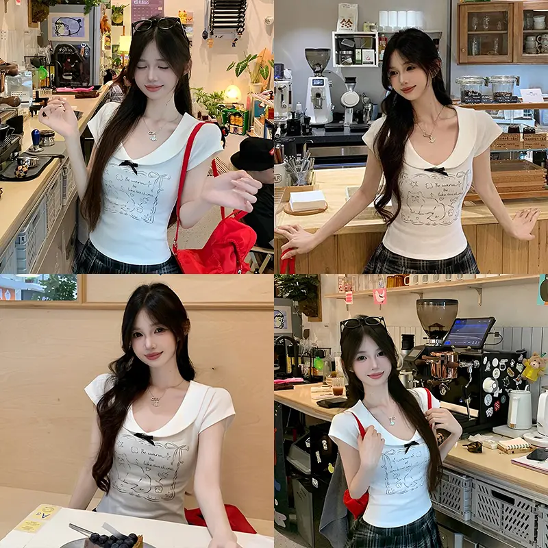 Funny Cartoon Print Peter Pan Collar Short-Sleeved T-Shirt Women Summer Sweet Holiday Tops