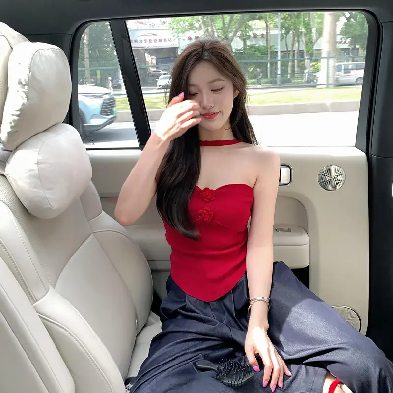 Off-Shoulder Sexy Hot Girl Halter Neck Tube Top Knitted Blouse T-Shirt For Women