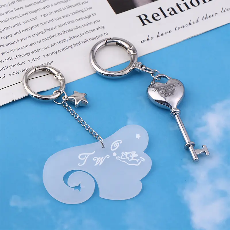 1Pair Y2K Vintage Love Heart Key Lanyard Acrylic Wings Keychain Set Fashion Creative Key Holder Couple Keyring Bag Pendant