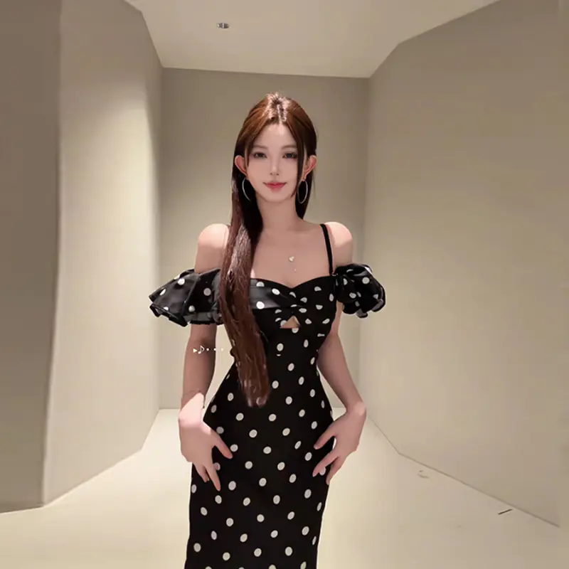 French Retro Off-Shoulder Polka Dot Printed Summer Sheath Holiday Elegant Long Dress