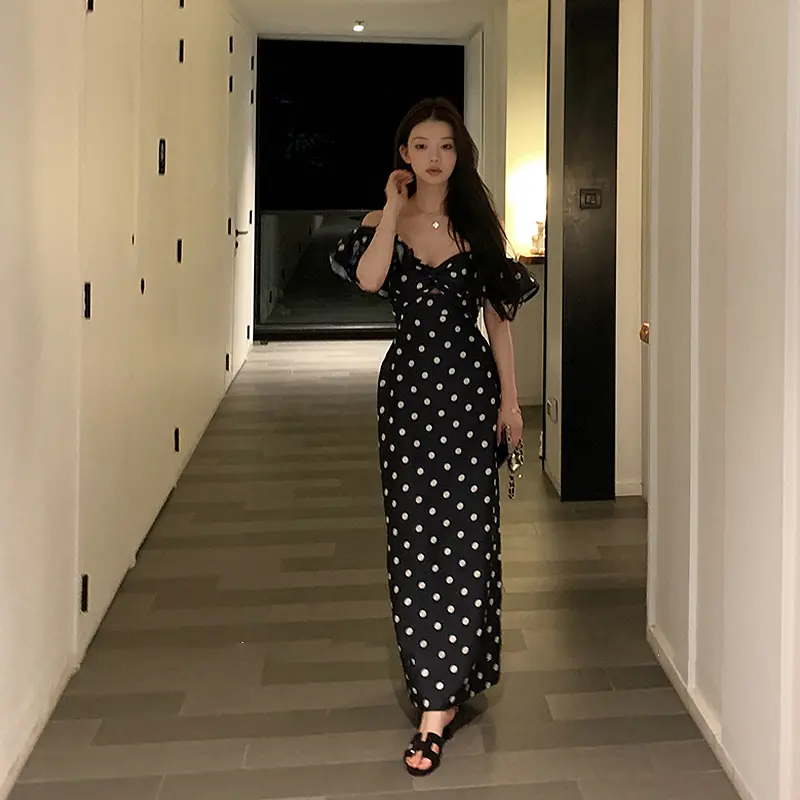 French Retro Off-Shoulder Polka Dot Printed Summer Sheath Holiday Elegant Long Dress