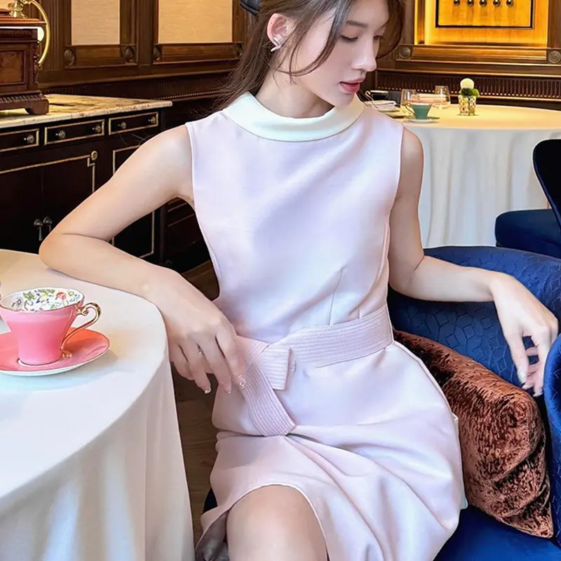 French Hepburn Style Dress Pink Sleeveless Summer Birthday Evening Mini Dresses
