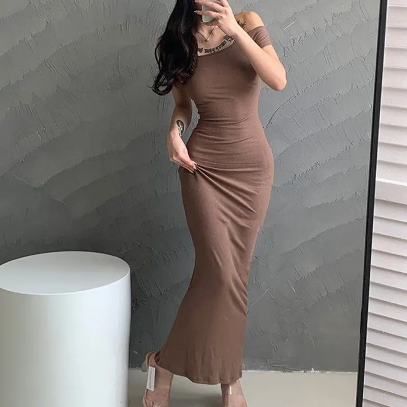 Women Long Dress Solid Color Off-shoulder Sheath Sexy Summer Chic Wrapped Dresses