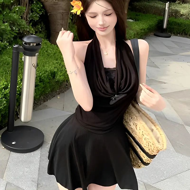Sexy 3D Flower Lace Fake Two-Piece Halter Dress Sheath Waist A-line Short Dresses