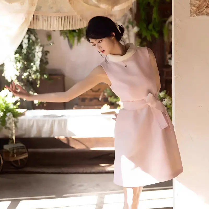 French Hepburn Style Dress Pink Sleeveless Summer Birthday Evening Mini Dresses