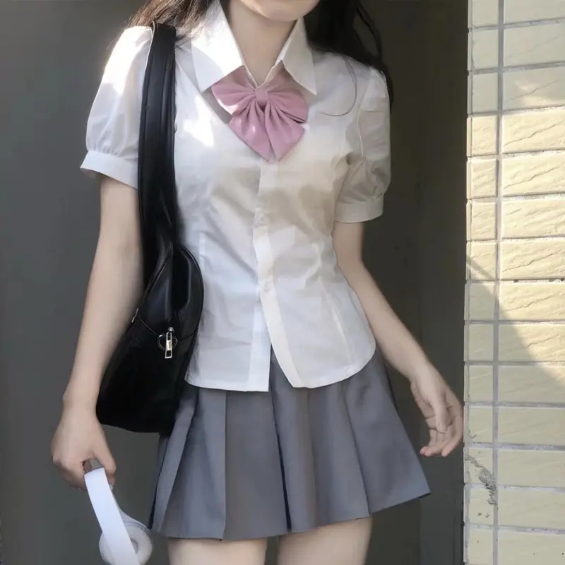College Style Student Back Knot White Slim Short-Sleeved Shirt For Women