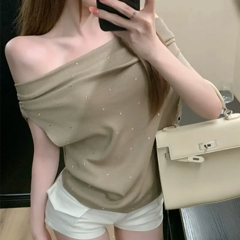 Summer Sexy Irregular Rhinestone Off-shoulder Short Sleeve Knitted T-shirt For Women