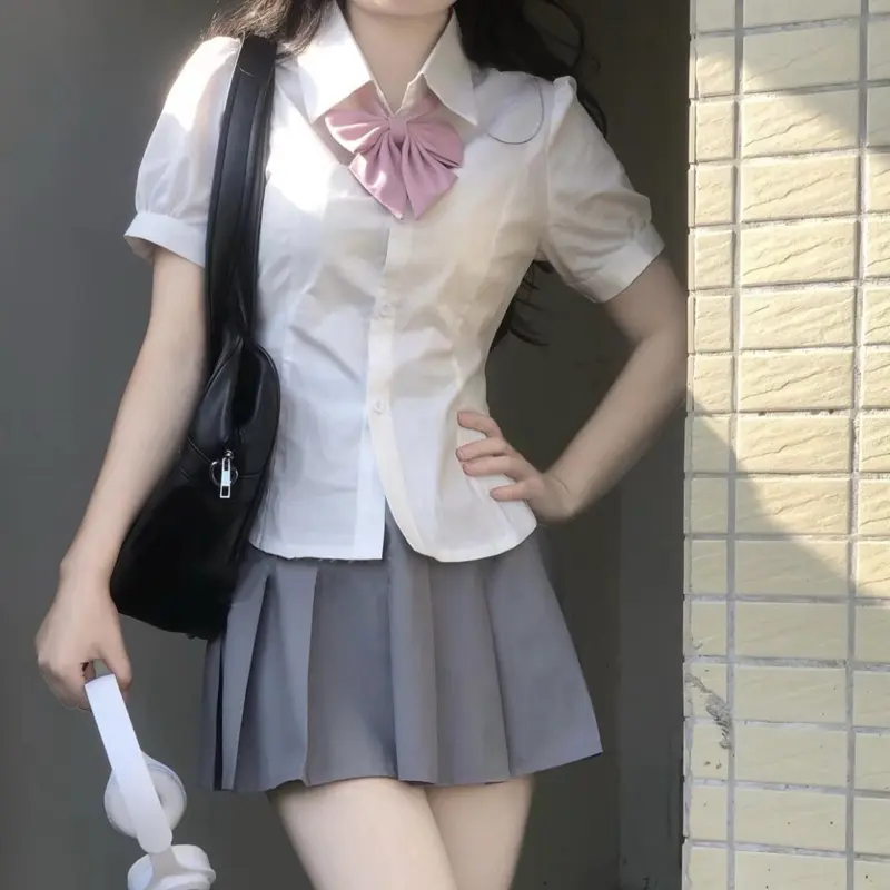 College Style Student Back Knot White Slim Short-Sleeved Shirt For Women