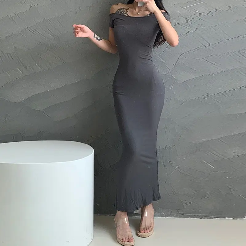 Women Long Dress Solid Color Off-shoulder Sheath Sexy Summer Chic Wrapped Dresses