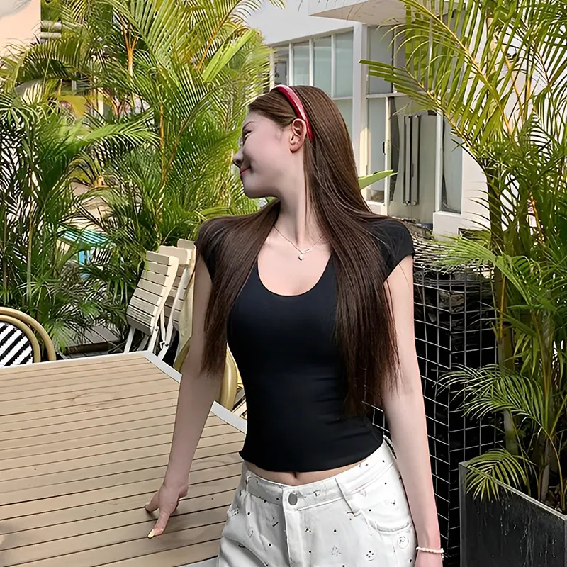 U-Neck Pure Desire Shesth Straight Shoulder Short Sleeve T-Shirt Summer Sexy Short Tops