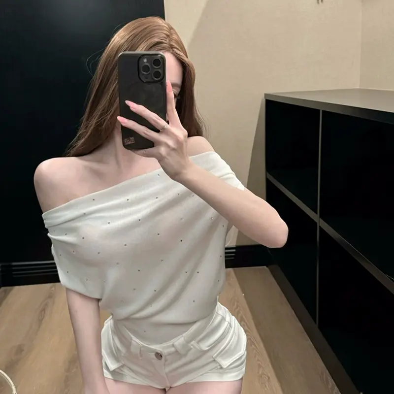 Summer Sexy Irregular Rhinestone Off-shoulder Short Sleeve Knitted T-shirt For Women