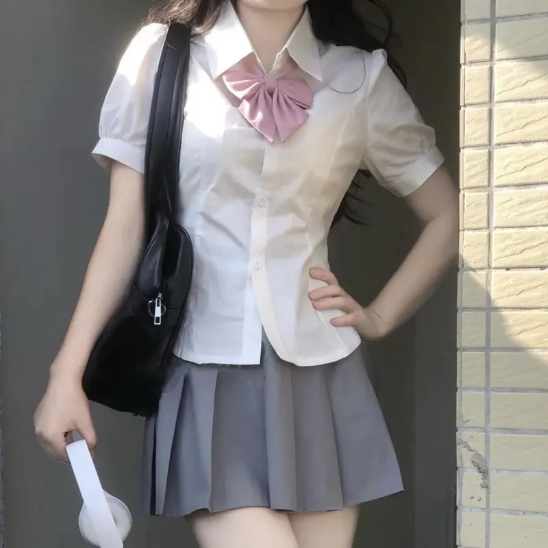 College Style Student Back Knot White Slim Short-Sleeved Shirt For Women