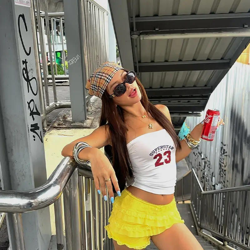 Women Retro Summer Camisole Letter Print Short Street Style Strapless Sheath Tops