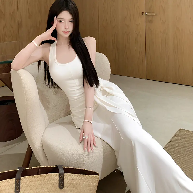 U-Neck Solid Sleeveless Vest Dress Women's Summer Sheath Long Dresses With Cape