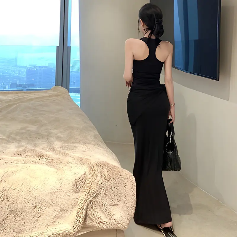 U-Neck Solid Sleeveless Vest Dress Women's Summer Sheath Long Dresses With Cape