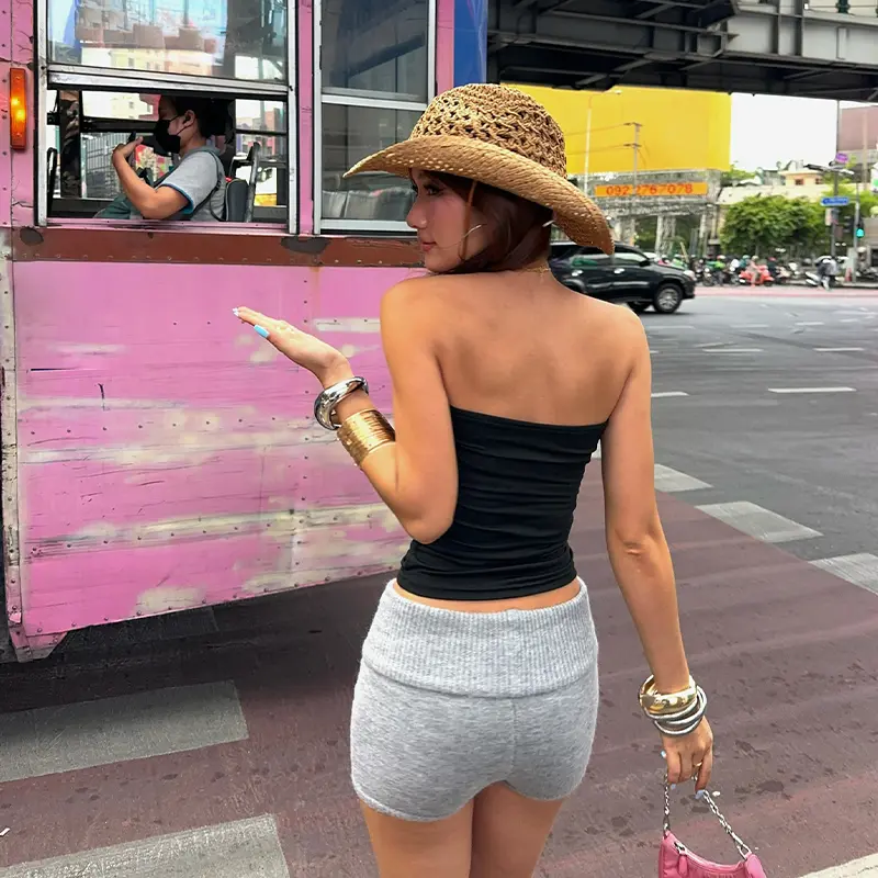 Women Retro Summer Camisole Letter Print Short Street Style Strapless Sheath Tops