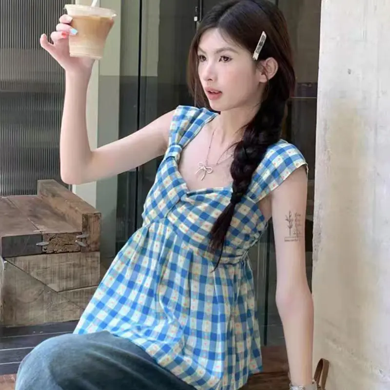 Summer Women's Retro Plaid Floral Square Neck Sleeveless Cute Casual Tank Top