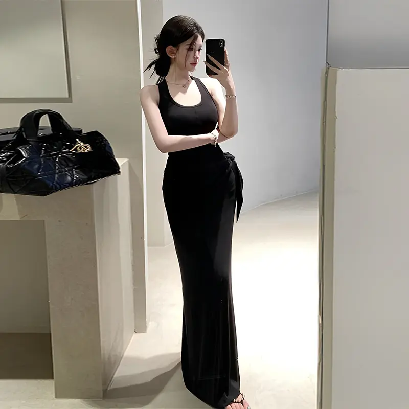 U-Neck Solid Sleeveless Vest Dress Women's Summer Sheath Long Dresses With Cape