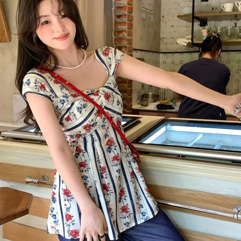Summer Women's Retro Plaid Floral Square Neck Sleeveless Cute Casual Tank Top