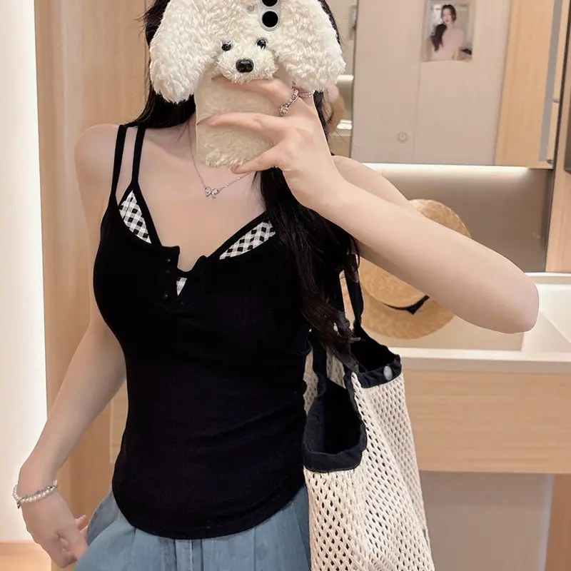Summer Women's Sweet And Spicy Plaid Patchwork Sleeveless Slim Fake Two Pieces Camisole