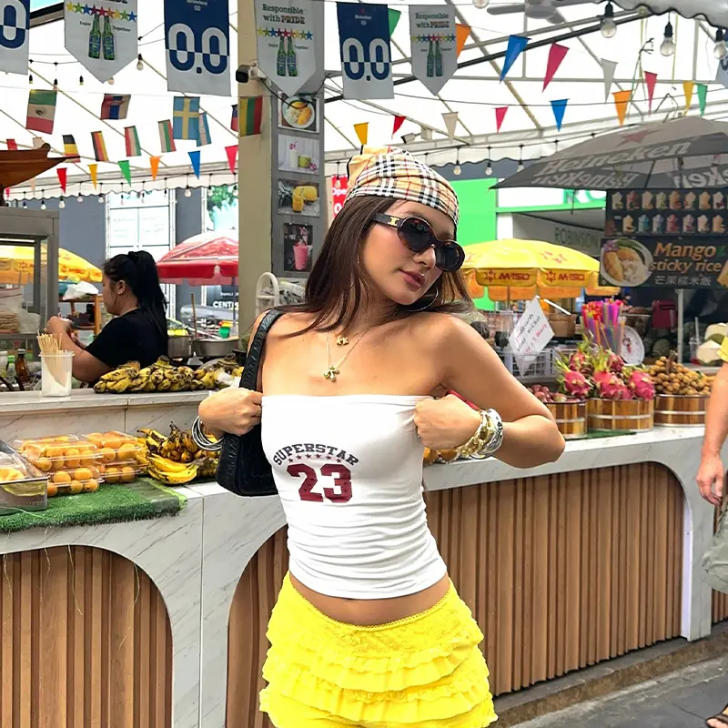 Women Retro Summer Camisole Letter Print Short Street Style Strapless Sheath Tops