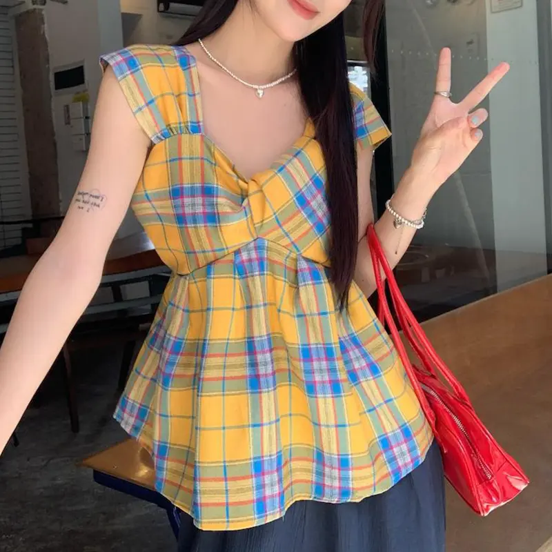 Summer Women's Retro Plaid Floral Square Neck Sleeveless Cute Casual Tank Top