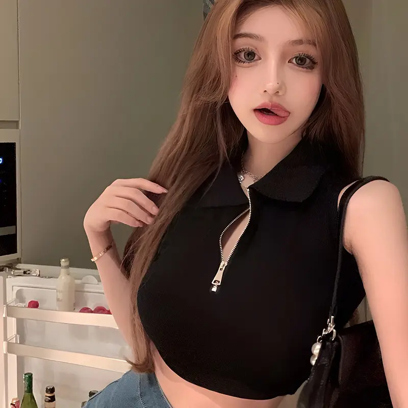 Sleeveless Clothes Solid Women Vest Sexy Female Casual Streetwear Ladies Tank Zipper Punk Turn Down Collar Camis Fashion Tops