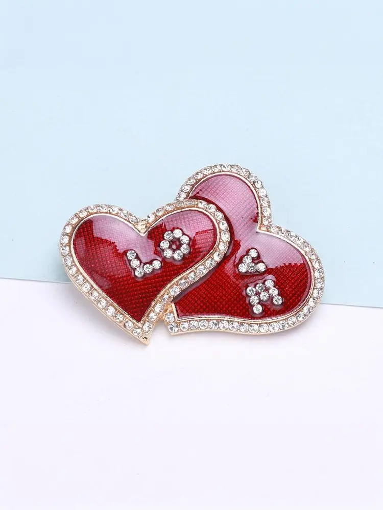 Fashion Rhinestone Double Heart Brooch For Women Clothing Coat Jewelry Accessories Gifts
