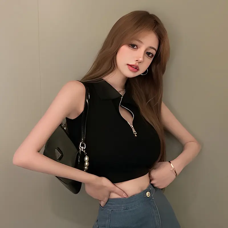 Sleeveless Clothes Solid Women Vest Sexy Female Casual Streetwear Ladies Tank Zipper Punk Turn Down Collar Camis Fashion Tops