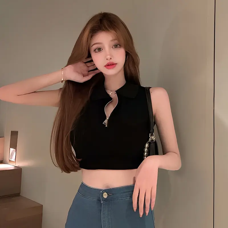 Sleeveless Clothes Solid Women Vest Sexy Female Casual Streetwear Ladies Tank Zipper Punk Turn Down Collar Camis Fashion Tops
