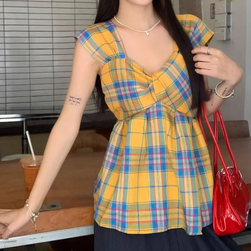 Summer Women's Retro Plaid Floral Square Neck Sleeveless Cute Casual Tank Top