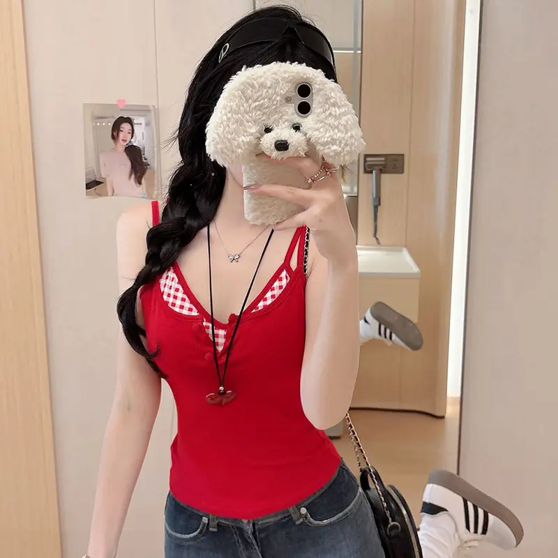 Summer Women's Sweet And Spicy Plaid Patchwork Sleeveless Slim Fake Two Pieces Camisole