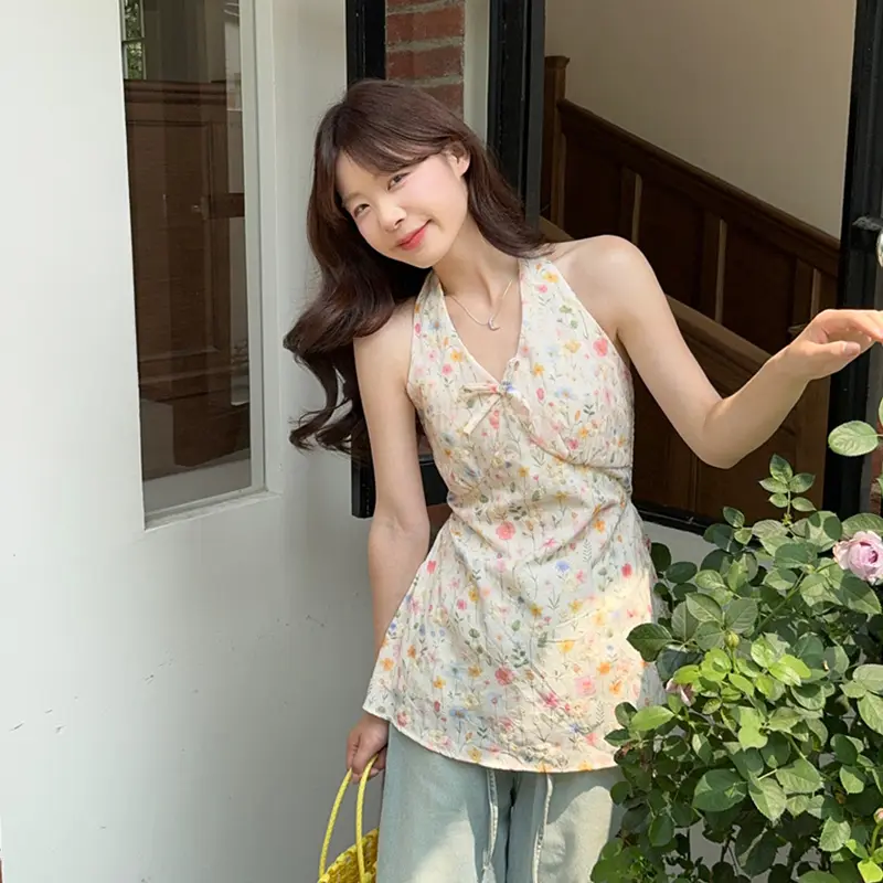 Pastel Floral Korean Style Sweet Pure Desire Bow Halter Neck Floral Women Blouse Holiday Daily Tops