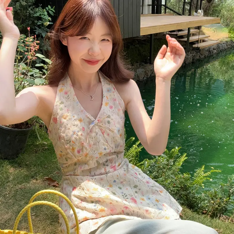 Pastel Floral Korean Style Sweet Pure Desire Bow Halter Neck Floral Women Blouse Holiday Daily Tops