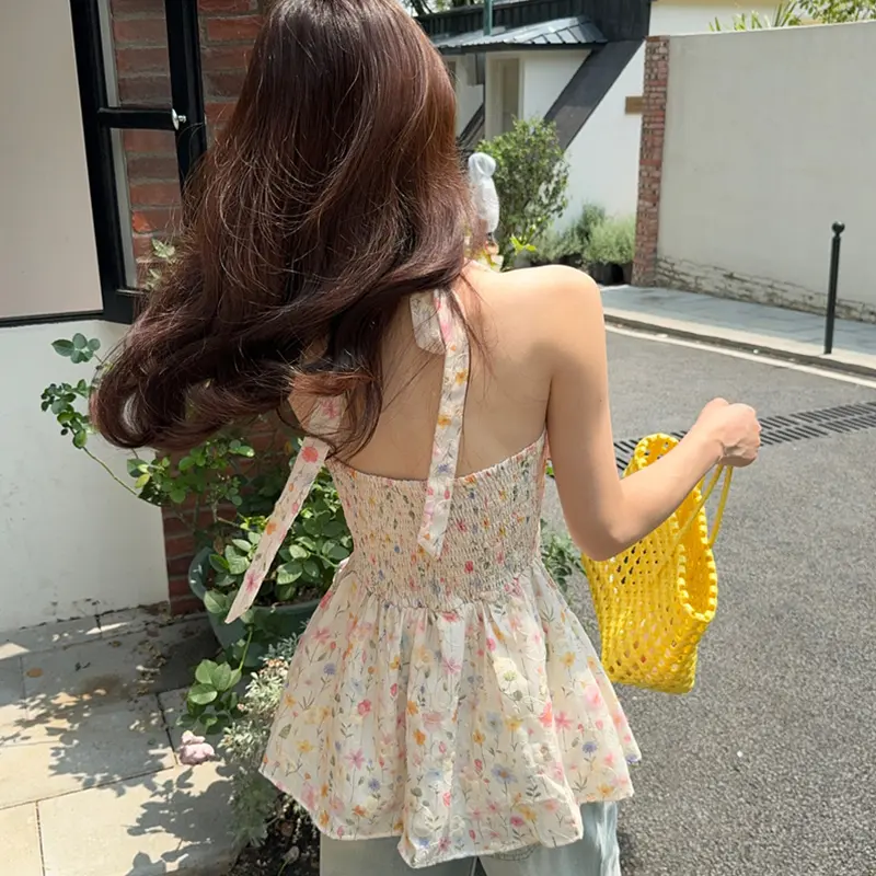 Pastel Floral Korean Style Sweet Pure Desire Bow Halter Neck Floral Women Blouse Holiday Daily Tops