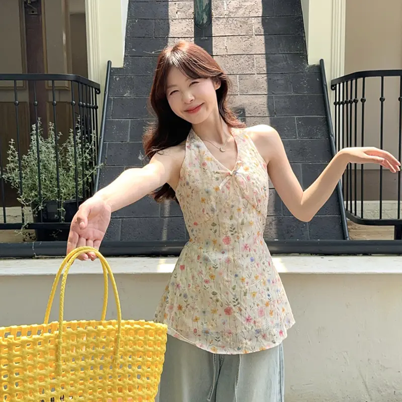 Pastel Floral Korean Style Sweet Pure Desire Bow Halter Neck Floral Women Blouse Holiday Daily Tops